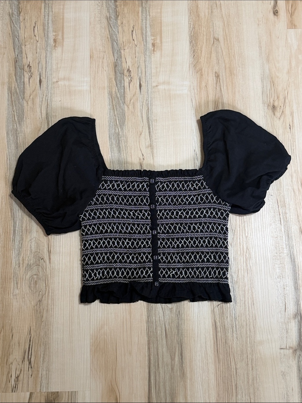 Francesca's Black Puff-Sleeve Smocked Crop Top